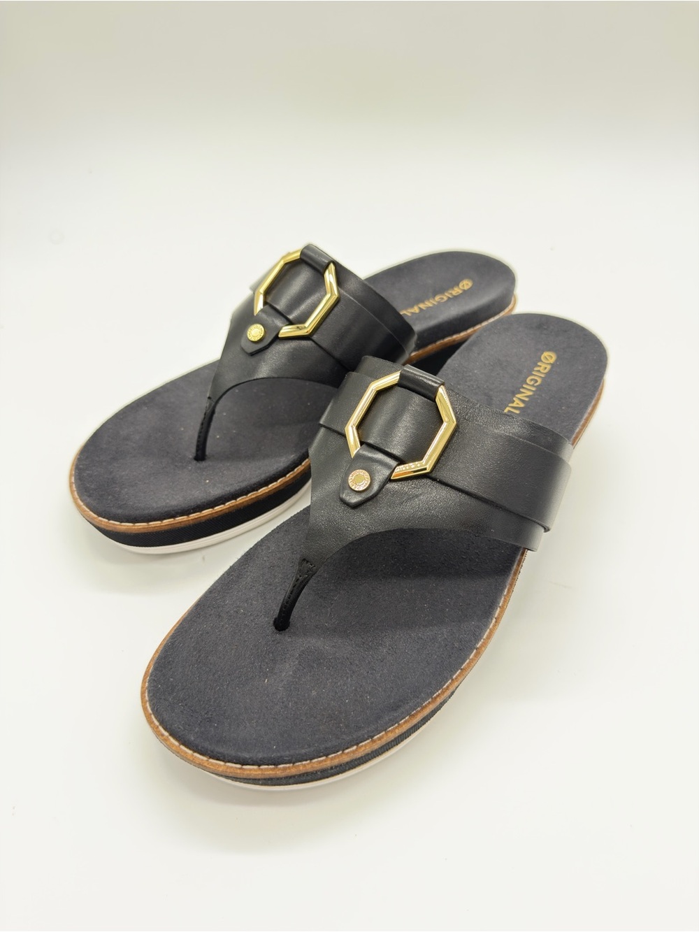 Cole Haan Black and Gold Thong Sandals